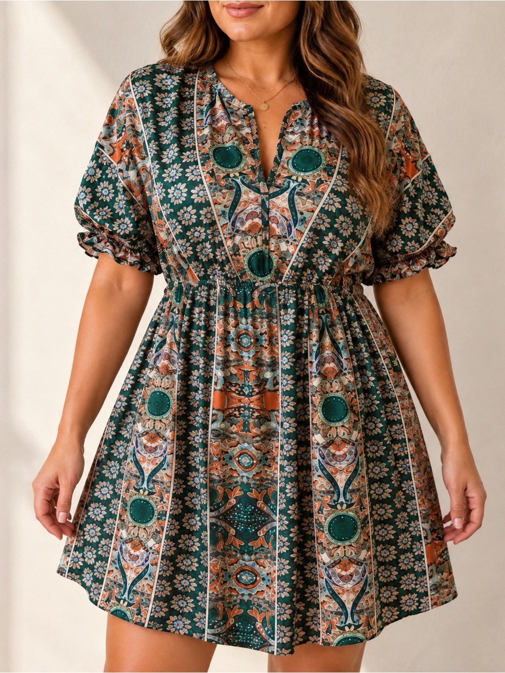 SHEIN XL Boho Paisley Floral Mini Dress Puff Sleeve Patchwork Print